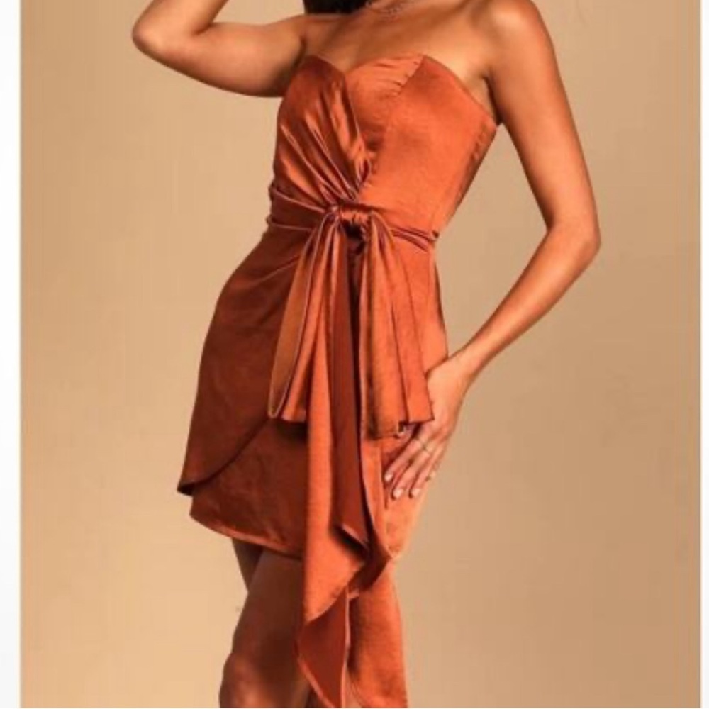 Lulus Copper Satin Strapless Tie-Front Asymmetrical Dress NWT (Small)